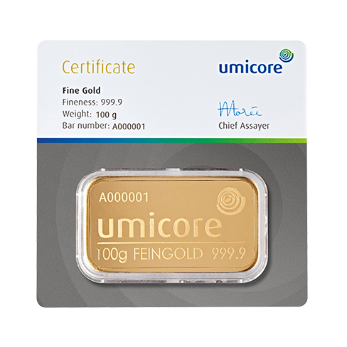 Goudbaar 100 gram Umicore in cassette